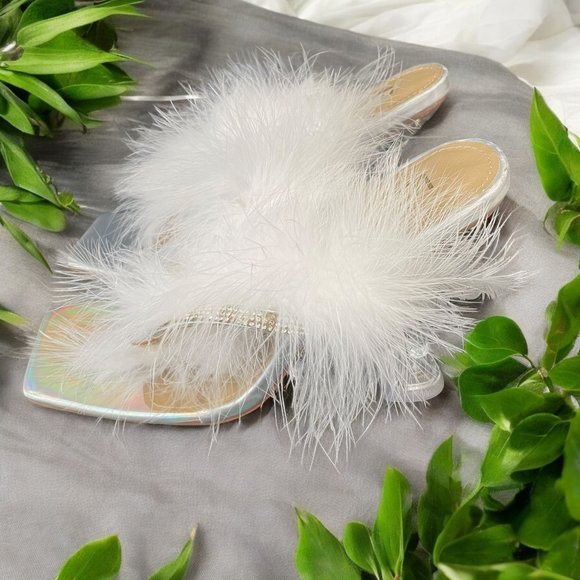White Marabou Feather Heels Size 7 Holographic Square Toe Mule Sandals Glam Club - Picture 1 of 10